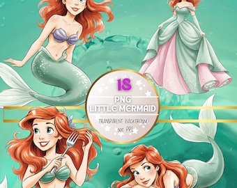 Little Mermaid Watercolor Under the Sea Clipart, 18 Mermaid Elements for Invitations, 5 Ocean Digital Backgrounds, Birthday Decor, 300 DPI.