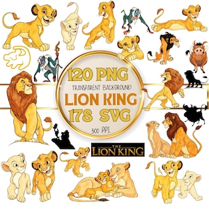 Op de afbeelding: Een digitale collectie van 120 PNG- en 178 SVG-bestanden met personages uit de Lion King, waaronder Simba, Nala, Mufasa, Scar, Timon, Pumbaa en Rafiki. De afbeeldingen bevatten kleurrijke illustraties en zwarte silhouetten met de tekst.