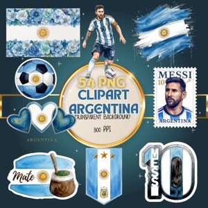 Puede incluir: Una colección de imágenes prediseñadas digitales de estilo acuarela con temas argentinos. Incluye imágenes de la bandera argentina, un balón de fútbol, un futbolista, corazones, un sello y el texto "54 PNG Clipart Argentina".