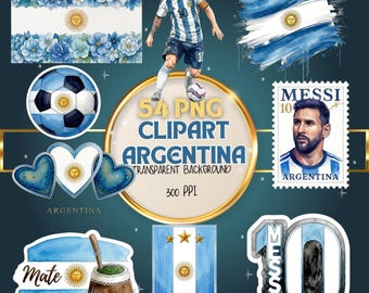 Argentina 54 PNG Clipart Bundle | Watercolor Argentine Designs for Sublimation | Mate, Soccer, Flag, Flowers and Hearts | Digital Download