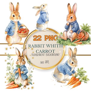 Puede incluir: Una colección de ilustraciones en acuarela que muestran conejos con chaquetas azules, algunos sosteniendo cestas de tomates o zanahorias, con el texto 22 PNG RABBIT WHITH CARROT TRANSPARENT BACKGROUND 300 PPI en un marco circular dorado.