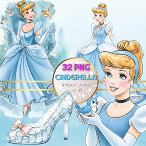 May include: Digital art featuring Cinderella in a light blue gown with birds. A glass slipper with a pink bow is also shown. The image includes the text "32 PNG CINDERELLA TRANSPARENT BACKGROUND 300 PPI".