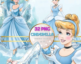 Cinderella 32 PNG Transparent Files Watercolor & Pencil Sketch Princess Clipart Instant Download PDF Link for Sublimation , Invitations
