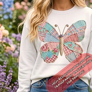 Patchwork Butterfly PNG, faux Quilt Style Sublimation Design, Seamless Butterfly Clipart for T-shirts & Totes, Boho Cottagecore Digital