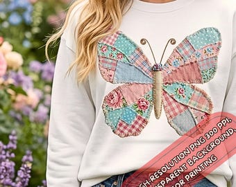 Patchwork Butterfly PNG, faux Quilt Style Sublimation Design, Seamless Butterfly Clipart for T-shirts & Totes, Boho Cottagecore Digital