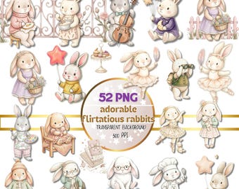 52 PNG Coquette Bunny Clipart, Cute Bunnies with Pink Bows & Flowers,Soft Vintage Aesthetic,Watercolor Transparent Background,Commercial Use