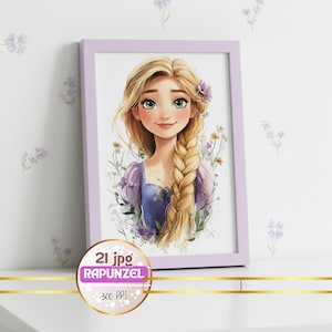 Pack of 21 JPG Images of Rapunzel for Nursery Wall Art - Includes Editable PDF with Initial LetteWatercolor Rapunzel Illustrations