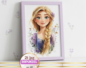 Pack of 21 JPG Images of Rapunzel for Nursery Wall Art - Includes Editable PDF with Initial LettereWatercolor Rapunzel Illustrations