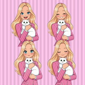 Puede incluir: Cuatro ilustraciones de una mujer rubia con una blazer rosa a rayas finas sosteniendo un gato blanco. La mujer tiene ojos azules y sonríe en cada imagen. El fondo es un patrón de rayas rosas y blancas.