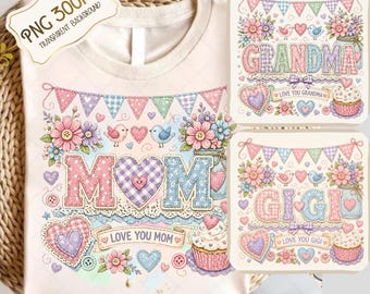 Mom Grandma Gigi PNG Bundle, Mother's Day Shirt Designs, Retro Mama Sublimation Graphics, Floral Digital Download for T-shirts & Sweatshirts