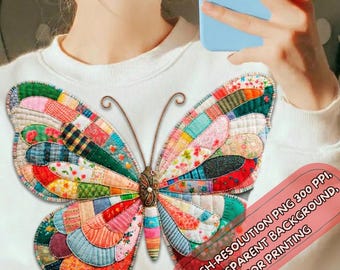 Patchwork Butterfly PNG, faux Quilt Style Sublimation Design, Seamless Butterfly Clipart for T-shirts & Totes, Boho Cottagecore Digital