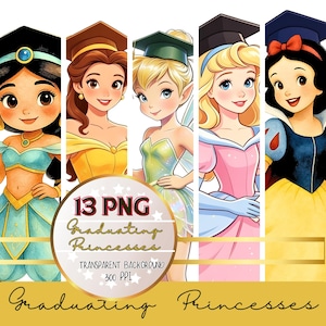 Puede incluir: Ilustración digital con cinco princesas de dibujos animados con birretes de graduación. Las princesas son Jasmine, Bella, Campanilla, Aurora y Blancanieves. La imagen incluye el texto "13 PNG Graduating Princesses Transparent Background 300 PPI."