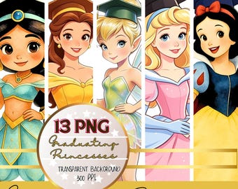 Graduation Princess 13 Clipart PNG, Watercolor Princess Graduation Cap and Diploma, Class of 2026 Graphics, Preschool Graduation.