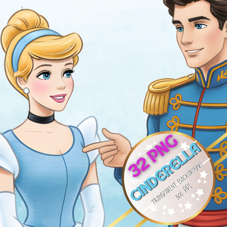 May include: Digital illustration of Cinderella and Prince Charming. Cinderella is wearing a blue dress and a black choker. The prince is in a blue uniform. A circular graphic reads "32 PNG CINDERELLA".
