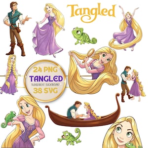 Puede incluir: Una colección digital de ilustraciones de personajes de Enredados con Rapunzel de largo cabello rubio, Flynn Rider y el camaleón Pascal en varias poses. Incluye una insignia circular con el texto 24 PNG TANGLED TRANSPARENT BACKGROUND 38 SVG.