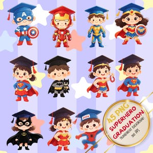 Puede incluir: Una colección de personajes de superhéroes de dibujos animados con gorras de graduación. Los personajes incluyen al Capitán América, Iron Man, Superman, Wonder Woman, Batman y Spider-Man. La imagen tiene un fondo transparente e incluye el texto "45 PNG Superhero Graduation".