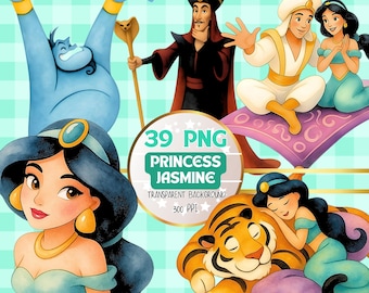Jasmine and Aladdin 39 PNG Transparent Files Watercolor & Pencil Sketch Princess Clipart Instant Download Link for Sublimation