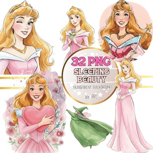 Puede incluir: Ilustraciones digitales de la Princesa Aurora de La Bella Durmiente en varias poses. Aurora lleva un vestido rosa y una corona dorada. El texto "32 PNG SLEEPING BEAUTY" también está presente.