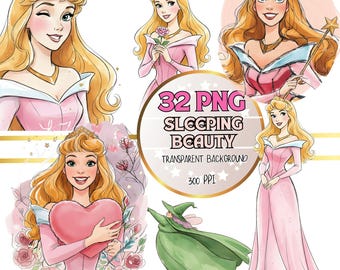 Watercolor Princess Aurora 33 PNG Bundle, Sleeping Beauty Clipart, Soft Minimalist Princess Art,Nursery Wall Decor,Digital Download,300 DPI