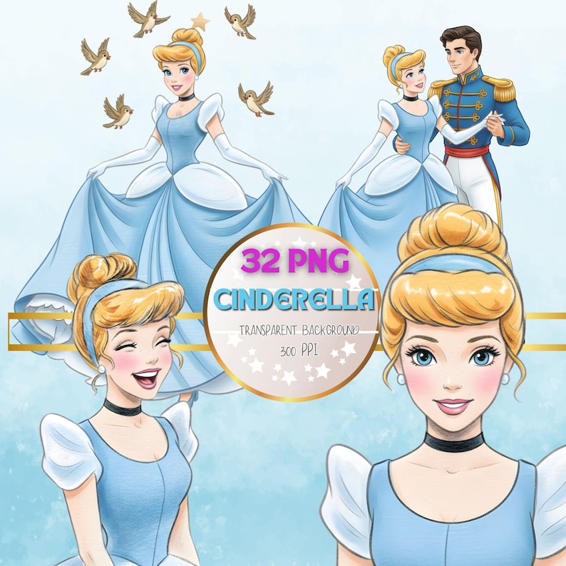 Cinderella, 32 PNG, transparent background, Files of Watercolor & Pencil Sketch Princesses , Clipart princess , Instant Download PDF. image 5