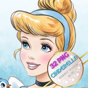 Cinderella, 32 PNG, transparent background, Files of Watercolor & Pencil Sketch Princesses , Clipart princess , Instant Download PDF. image 10