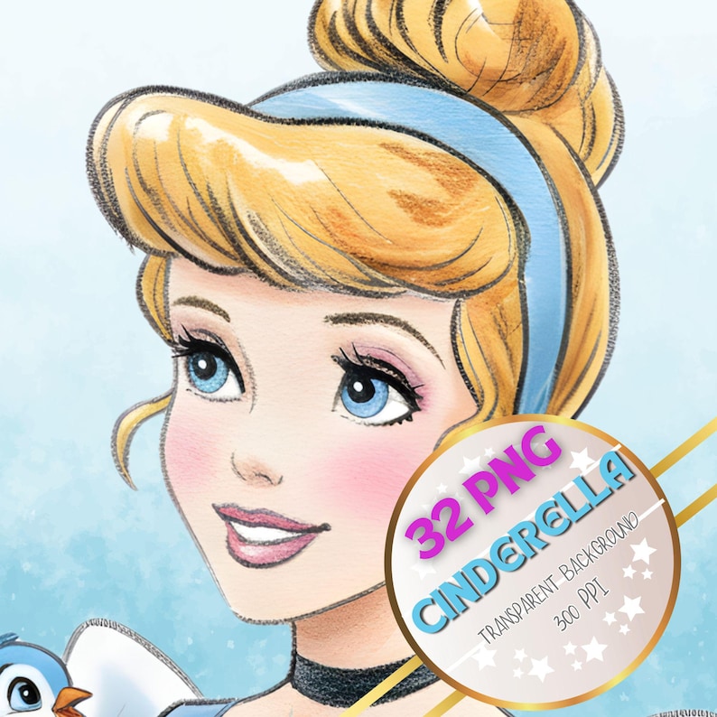 Cinderella, 32 PNG, transparent background, Files of Watercolor & Pencil Sketch Princesses , Clipart princess , Instant Download PDF. image 10