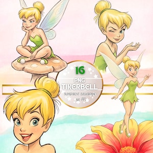 Puede incluir: Ilustraciones digitales de Campanilla en varias poses. El hada se representa con cabello rubio, vestido verde y alas translúcidas. Una imagen la muestra sentada en una seta. También se incluye el texto "16 PNG Tinkerbell Transparent Background 300 PPI".