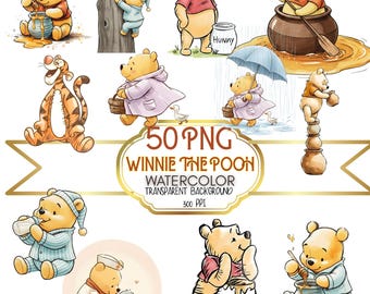 Watercolor Winnie the Pooh 50 PNG Bundle,Transparent Background, 6250 px Classic Pooh Bear Clipart, Nursery Decor, Baby Shower DIY, digital