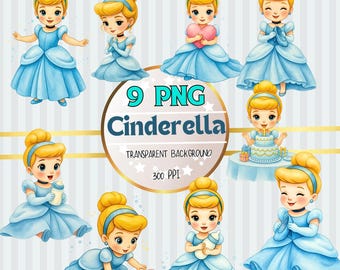 Cinderella baby 9 PNG Transparent Files Watercolor & Pencil Sketch Princess Clipart Instant Download PDF Link for Sublimation , Invitations