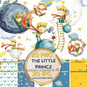 Puede incluir: Ilustraciones en acuarela con el tema de El Principito. Las imágenes incluyen el personaje de El Principito, planetas, estrellas, un zorro y una oveja. El texto en la imagen dice "20 PNG The Little Prince Transparent Background 300 PPI 20 JPG Background Paper."