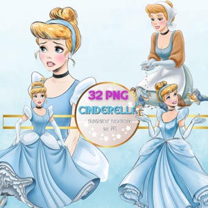 May include: Digital illustrations of Cinderella in various poses, wearing a light blue gown and a black choker. The image includes text that reads "32 PNG Cinderella Transparent Background 300 PPI".