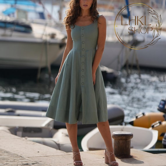 Boat Neck Linen Dress, Button Front Dress, Fit and Flared Dress, Linen Midi Dress, Sleeveless Dress, Elegant Dress, Party Dress, Swing Dress - Etsy Boat Neck Linen Dress, Button Front Dress, Fit and Flared Dress, Linen Midi Dress, Sleeveless Dress, Elegant Dress, Party Dress, Swing Dress - Etsy