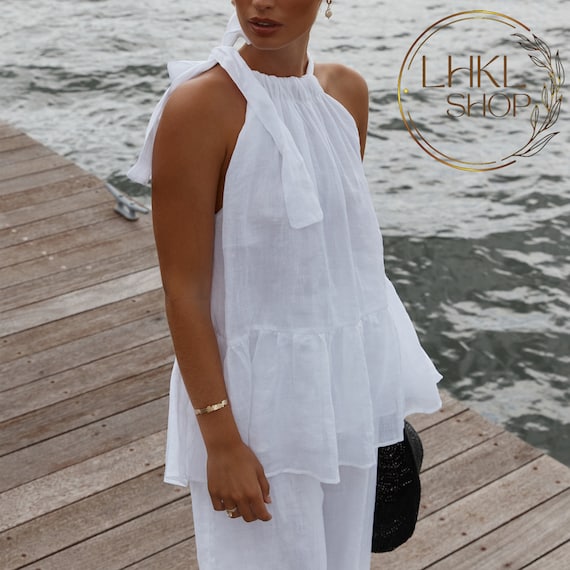 Haut ample en lin naturel Vetements faits main pour femme Haut en lin naturel Haut en lin bio Chemisier d ete en lin Haut en lin sans manches Etsy France