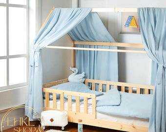 Baldachin Bed Curtains, Linen Toddler Bed Canopy, Montessori Bed Canopy, Kids Bed Tent, Linen Curtain, Custom Bed Canopy, Kid's Room Decor