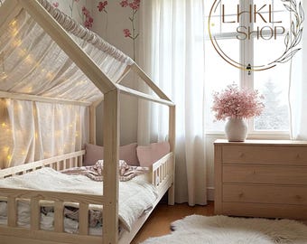 Baldachim lniany, namiot z baldachimem, łóżko z baldachimem, zasłony do łóżka, baldachim Montessori, zasłony do łóżka w kształcie domku, namiot do zabawy, baldachim do łóżka podłogowego