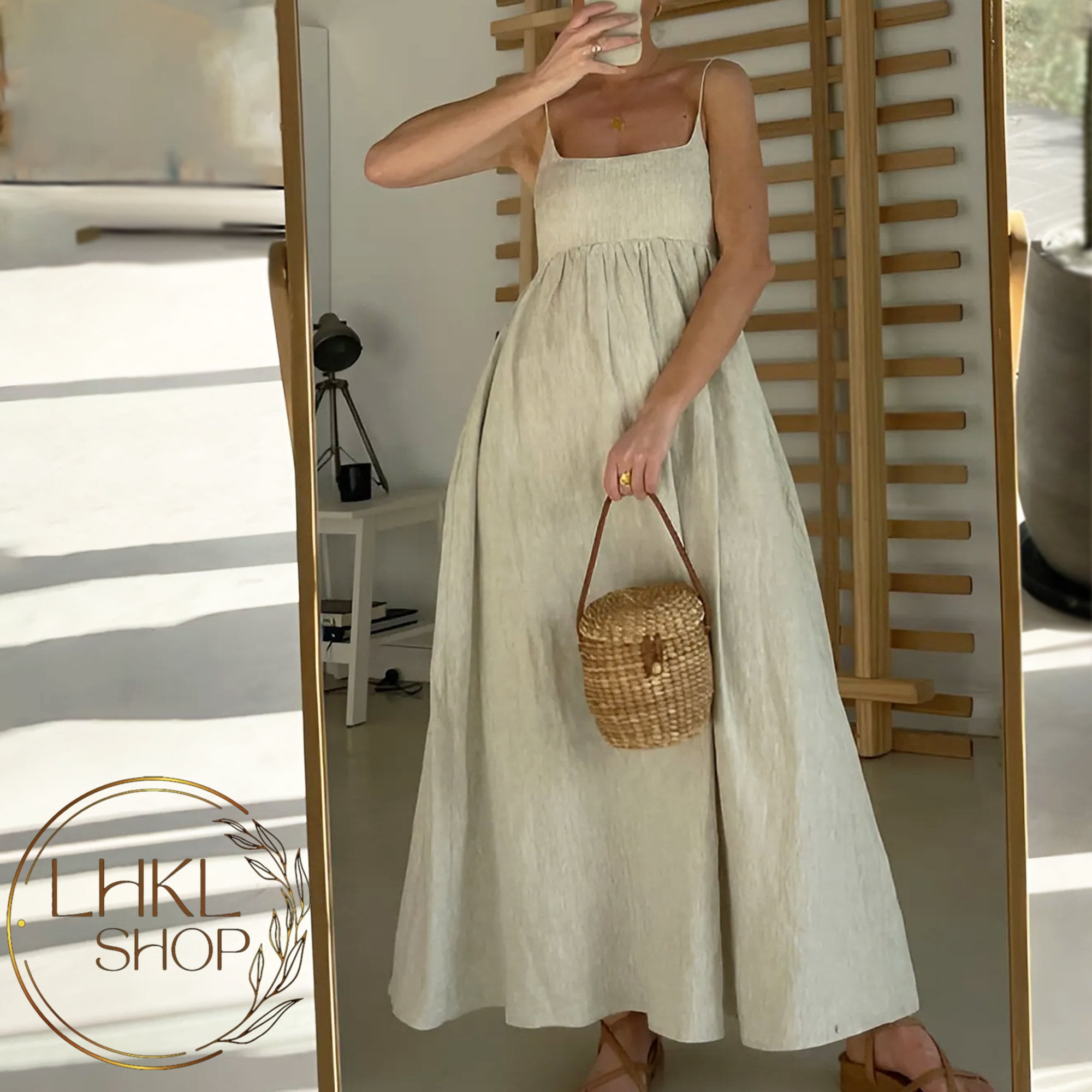 Double Gauze Dresses For Women Scoop Neck Linen Maxi Dress With