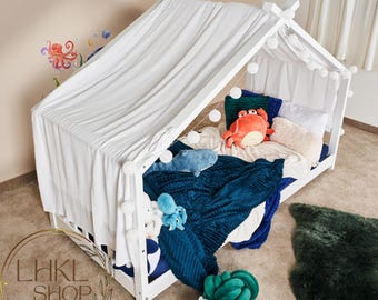 Dosel de lino para cama Montessori, cama con dosel tipo casita, tienda con dosel, tienda de juegos, dosel para cuna, dosel para cama infantil, dosel para sala de juegos, baldaquino de lino