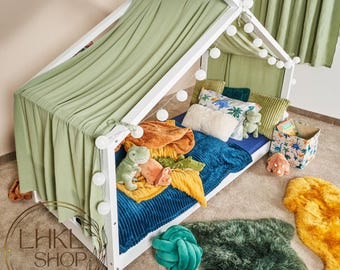 Linen House Bed Canopy For Boys, Montessori House Bed, House Bed Curtains, Canopy Bed Curtains, Playroom Decor, Nursery Decor, Canopy Tent