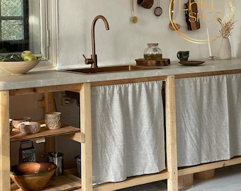Linen Kitchen Curtains, Cafe Linen Drapery, Sink Skirt, Vanity Cover, Cabinet Curtains, Kitchen Cupboard, Bathroom Shelf,Rod Pocket Curtains