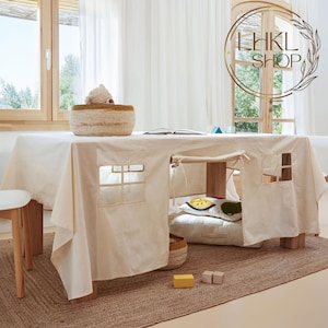 Toalha de mesa de linho Playhouse, tenda de brincar, casa de brincar ao ar livre, brinquedos Waldorf, casa de cubículo de mesa, casa de brincar de mesa de cartas, tenda de mesa, decoração de sala de jogos