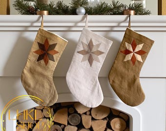 Patchwork Christmas Stocking, Handmade Linen Stocking, Star Stocking, Christmas Stocking, Kid Stocking, Embroidered Stocking,Family Stocking