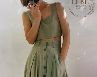 Linen Crop Top And Maxi Skirt, Square Neck Top, Sleeveless Top, Loose Linen Skirt With Pockets, Button Front Skirt, Midi Skirt,Pleated Skirt