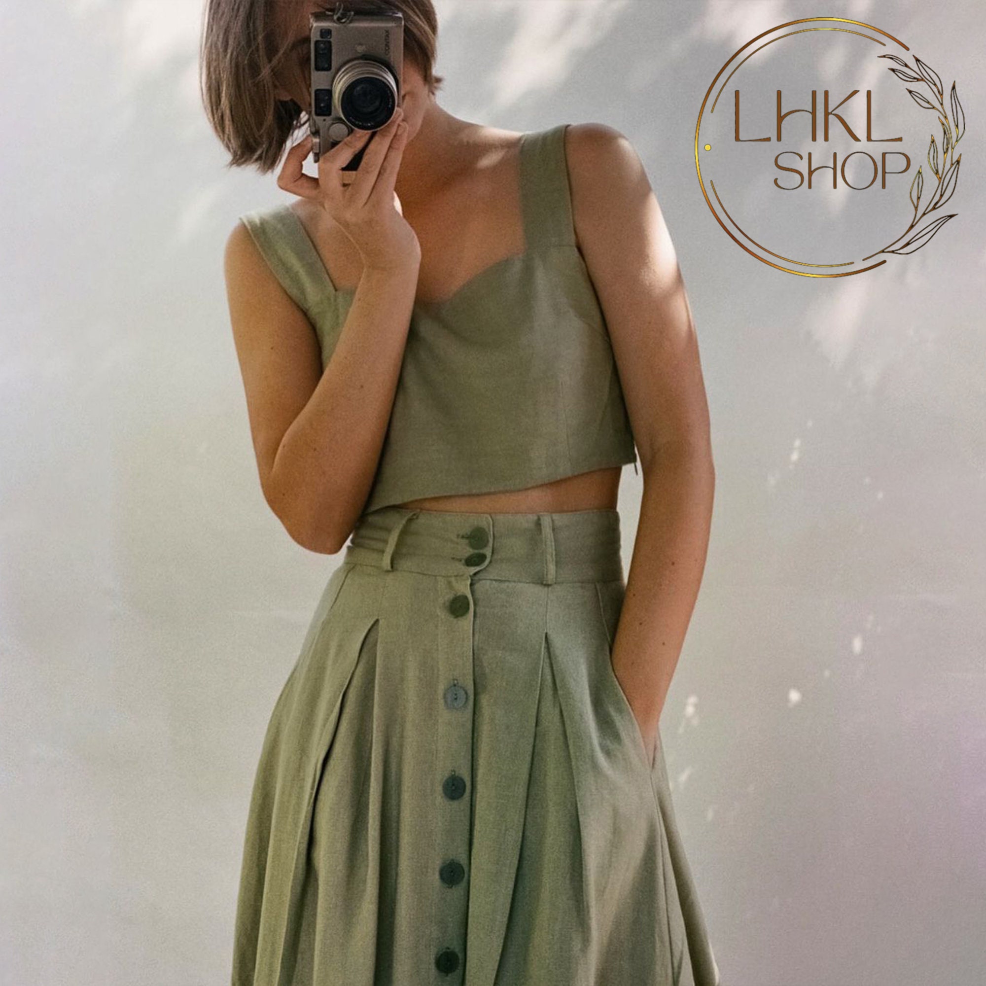 Linen Crop Top and Maxi Skirt, Square Neck Top, Sleeveless