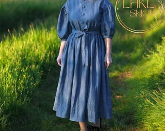 Women Vintage Linen Dress, Retro Dress, Short Sleeve Midi Dress, Button Front Dress, Dress With Tie, Victorian Style, Round Neck Boho Dress