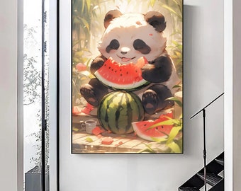 Lindo panda en arte de flores, panda acuarela arte impresión, decoración de la guardería, arte de la pared de la sala de juegos, arte de la pared del animal lindo del bebé, arte de la pared imprimible
