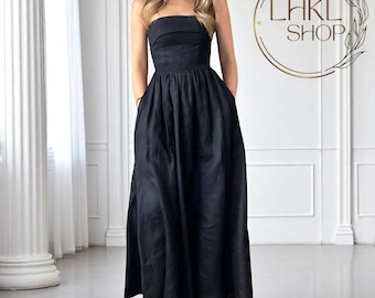 Sleeveless Bustier Linen Dress, Strapless Dress With Pocket, Elegant Women Dress, Bridesmaid Midi Dress, Long Summer Dress, Prom Party Dress