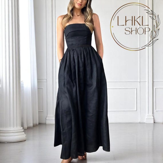 Sleeveless Bustier Linen Dress, Strapless Dress With Pocket, Elegant Women  Dress, Bridesmaid Midi Dress, Long Summer Dress, Prom Party Dress - Etsy