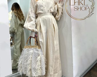 Linen Shirts And Pants Women, Linen Tunic Top, Linen Blouses, Linen Top And Pants, High Waisted Pants, Women Matching Set, Wide Leg Trousers