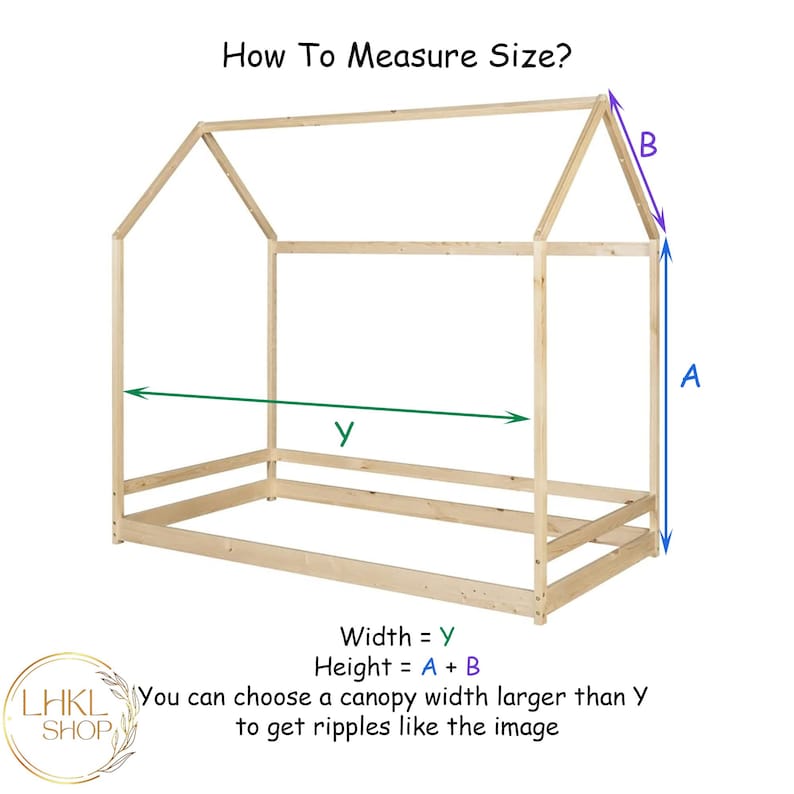 May include: Diagram showing how to measure the size of a wooden canopy bed frame. The width is labeled "Y", the height is labeled "A + B", and the diagram shows how to measure the height by adding the measurements of "A" and "B".