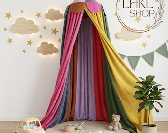 Dosel colgante colorido, dosel infantil de lino, tienda de campaña Montessori, tienda de juegos infantil para interiores, dosel de cama a rayas, decoración de dosel para cuna de bebé